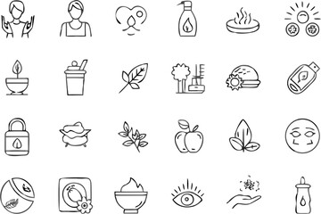 Collection of sketched wellness and organic product icons including plants and natural elements