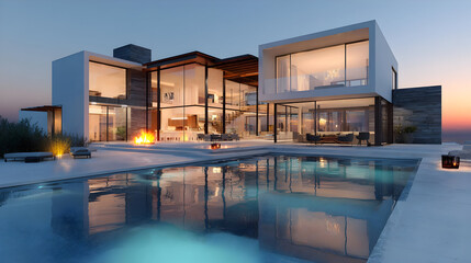 Obraz premium Modern White Villa with Infinity Pool at Sunset