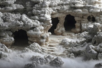 Snowy cave landscape, misty scene