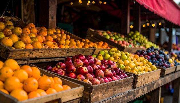 Fresh fruits overflowing from wooden crates at an outdoor market