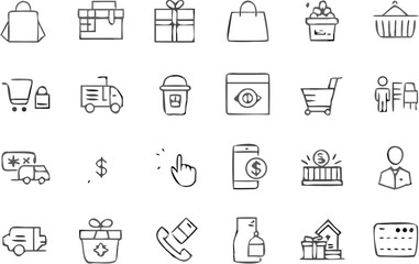 Illustration of various shopping and delivery icons including gifts and online purchasing symbols set