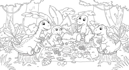 Obraz premium Adorable Dinosaurs Enjoying a Prehistoric Picnic in Lush Jungle