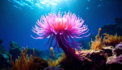 Obraz premium Underwater vibrant pink anemone amidst coral reef