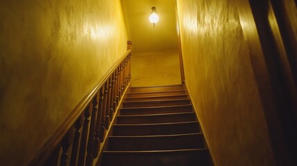 Wooden staircase ascending into warm-toned interior