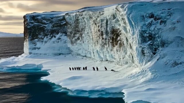 Majestic Antarctic Iceberg and Glacial Waterfall with Penguin Colony
