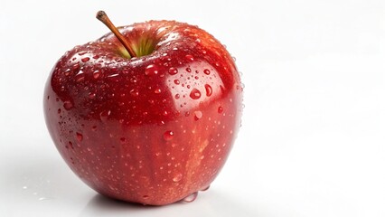 A delicious, ripe red apple, isolated on a white background, is shown with fresh water drops