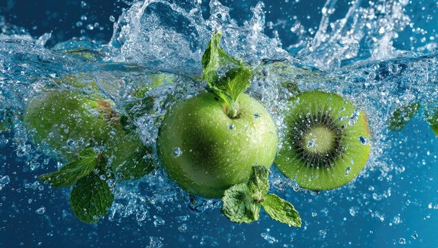 Fresh green apples and kiwi submerged in water with splashes and mint
