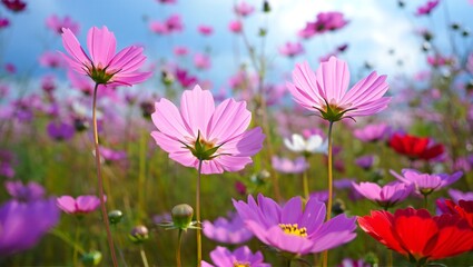Obraz premium Flowers Background Vibrant Pink and Red Cosmos Flowers Blooming in a Sunny Field