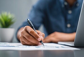 Close-up of person writing on documents with graphs, working at a desk