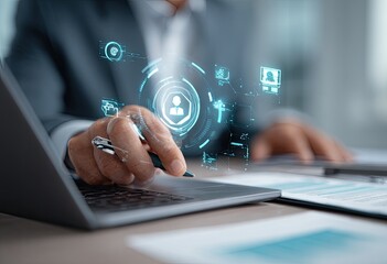 Businessperson using laptop with holographic interface overlay