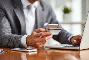 Close-up of a man in a suit holding a smartphone and credit card, likely making an online purchase