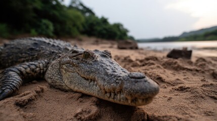 Fototapeta premium Crocodile Resting on Sandbank by River