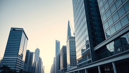 Obraz premium A modern urban skyline with sleek architecture, presented in a clean daytime composition.