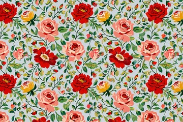 Flowers Background Vibrant Vintage Floral Pattern Seamless Red Pink Yellow Roses on Light Blue Background Textile