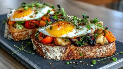 Two toasted bread slices topped with fried eggs, vegetables, and herbs