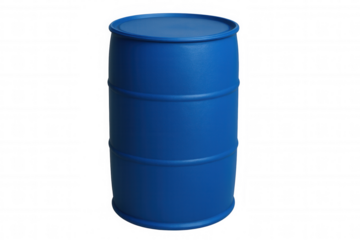 Blue industrial barrel standing on transparent background, ideal for chemical, oil, or hazardous waste storage