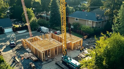 Construction site featuring wooden framework for a house, cranes operating, surrounded by trees and vehicles