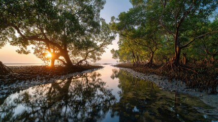 Mangrove Trees Sunrise over Tropical Coastal Wetland Waterway