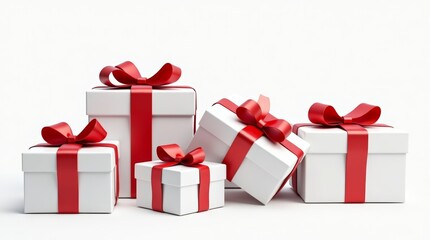 Multiple white gift boxes with red satin ribbons on clean white background, for christmas or celebration concepts