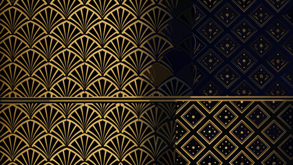 Elegant art deco geometric patterns in gold and navy blue