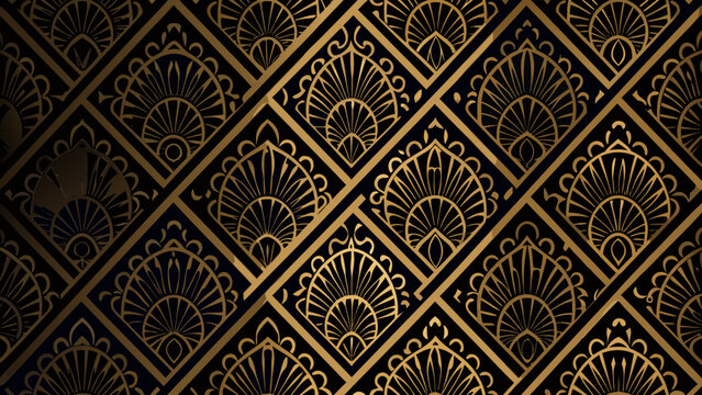 Elegant art deco fan pattern in gold and dark blue