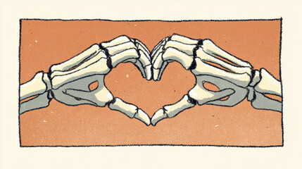 A pair of skeleton hands form a heart shape.  The style is minimalist and graphic,  a Halloween or gothic-inspired vibe. The style is a flat, cartoonish with simplified shapes and colors.
