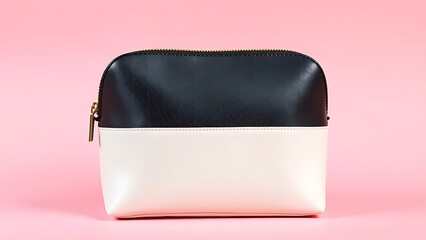 A stylish cosmetic bag with refined details, presented on a soft pink background for a clean aesthetic.
