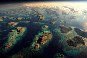 Fototapeta premium Aerial view of a tropical archipelago. Emerald islands, turquoise waters, and a vibrant ecosystem