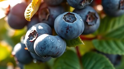 Close-up of blueberry leaves with morning dew, bathed in natural sunlight through foliage.