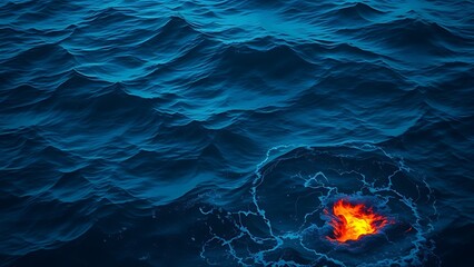 Deep blue ocean waves with glowing cracks beneath the surface, hinting at volcanic activity.