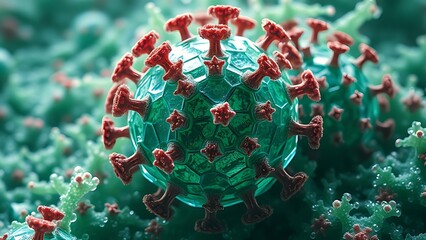 Enormous crystalline virus structures lie dormant within emerald algae, their geometry suggesting hidden power.