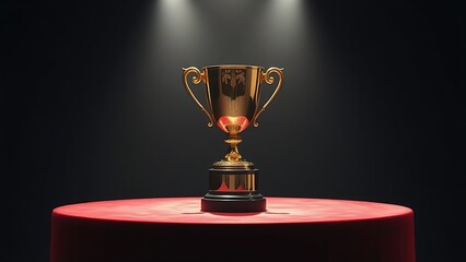 Golden trophy on velvet podium, highlighted by dramatic studio lighting.