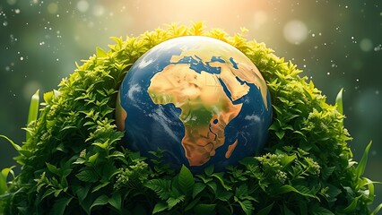 Earth globe embraced by lush greenery under soft glowing light, symbolizing environmental harmony.