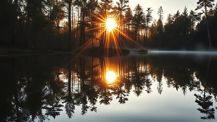 Tranquil forest reflected on a mirror-like water surface under golden sunlight.