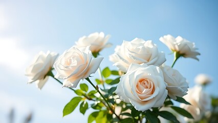 White roses in full bloom against a soft blue sky, sunlight creating a natural bokeh effect around them.