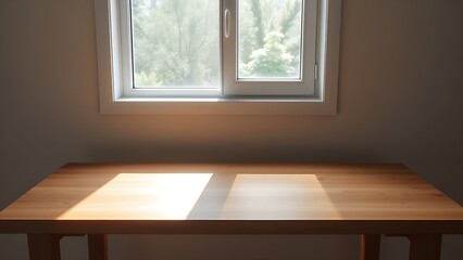 Minimalist wooden desk bathed in morning sunlight, offering a clean and inspiring workspace.