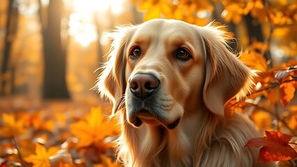 A golden retriever surrounded by autumn leaves, basking in warm sunlight with a blurred forest backdrop.