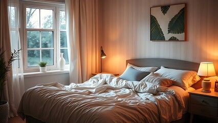 Cozy bedroom scene featuring warm lighting and soft blankets, evoking comfort and relaxation.