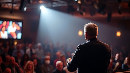 Speaker on stage with blurred audience, warm spotlight highlighting professional event lighting.