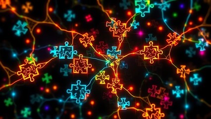 Glowing puzzle pieces forming a neuron-like mosaic in vibrant biological colors, depicting interconnected systems.