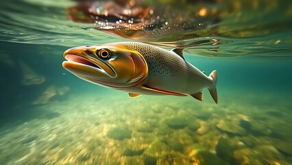 Trout swimming gracefully in a clear stream, immersed in a tranquil underwater world.