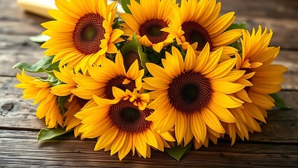 A rustic wooden surface holds a sunflower bouquet glowing with warm golden backlight.