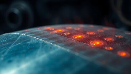 Abstract view of industrial metal with glowing orange heat marks and dramatic lighting effects.