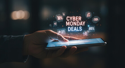 Hand Holding Smartphone Displaying Cyber Monday Deals with Discount Icons and Digital Graphics