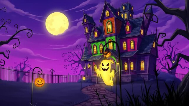 Pixel Art Halloween Haunted House with Full Moon and Spooky Decorations
