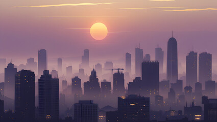 Obraz premium Dreamy Urban Skyline in Misty Sunset Light with Wheat and Plum Tones
