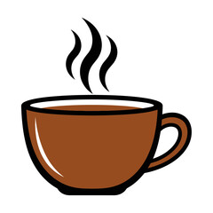 Brown ceramic cup with dark hot beverage and rising steam simple illustration.