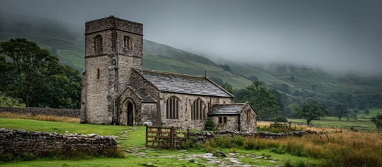 An aged stone church stands amidst a misty, green landscape