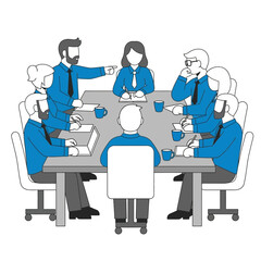 Business Meeting Illustration Team Collaboration Around Table Blue Accents Modern Design.