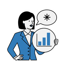 Businesswoman in Blue Suit Holding a Circular Chart with Rising Bars and Speech Bubble.
